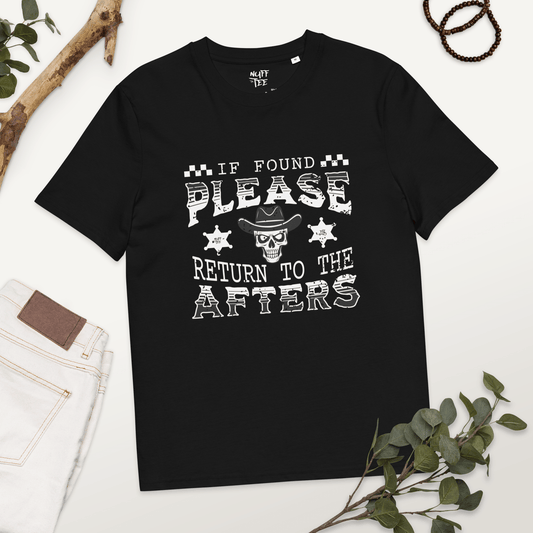 IF FOUND, PLEASE RETURN TO THE AFTERS | Skull Cowboy Vintage Graphic Tee | Organic Cotton Festival Shirt | Unisex Black Rave Apparel - NuffTee